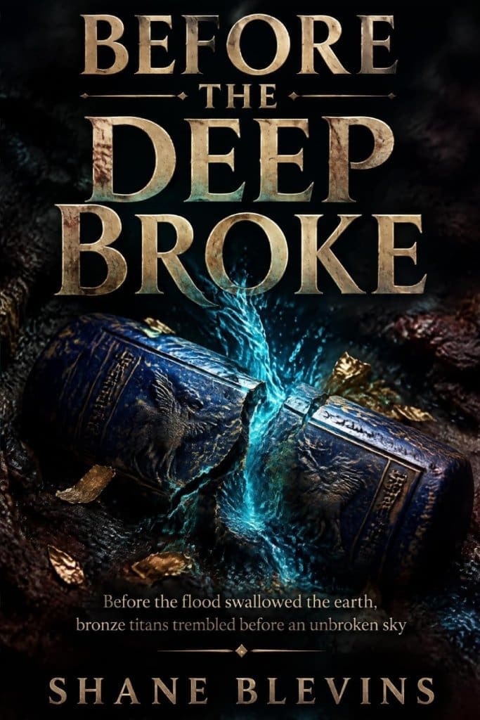 Before the Deep Broke by Shane Blevins, book cover with a cracked bronze cylinder and glowing teal water