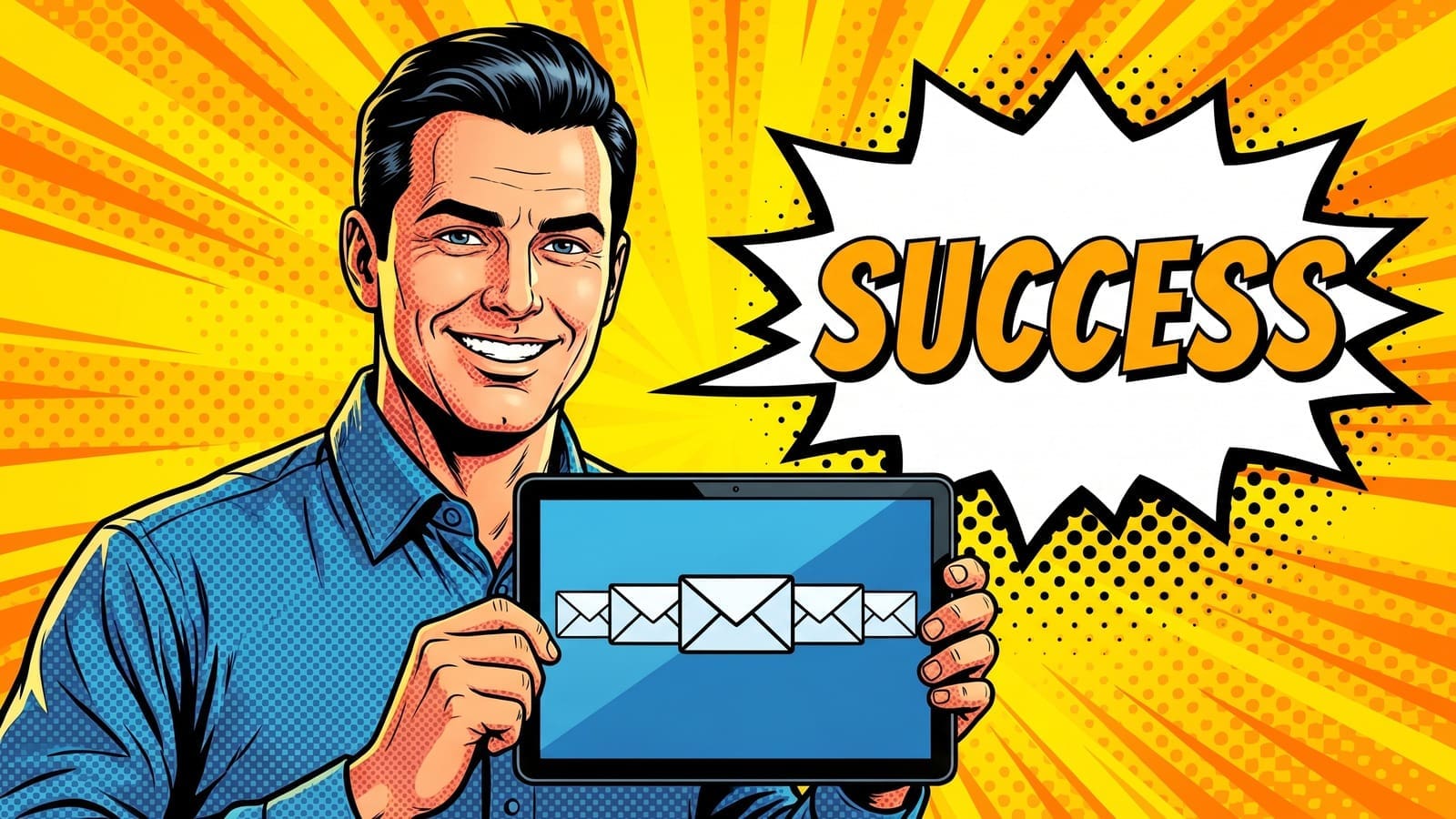 Comic book style man with a SUCCESS speech bubble, featured image for Create A Free 5-Day Email Course With One Prompt
