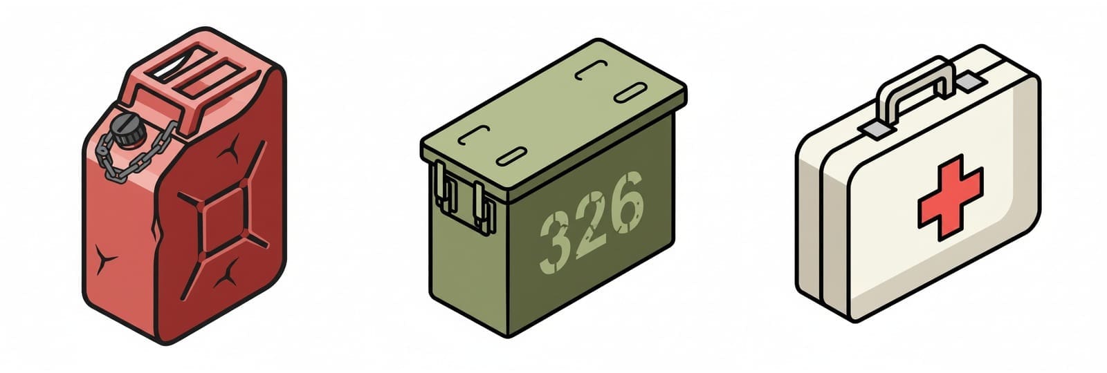 Three matching flat vector isometric game icons on white: a red jerry can with a chained cap, an olive ammo tin stencilled 326, and a cream first aid kit with a red cross.