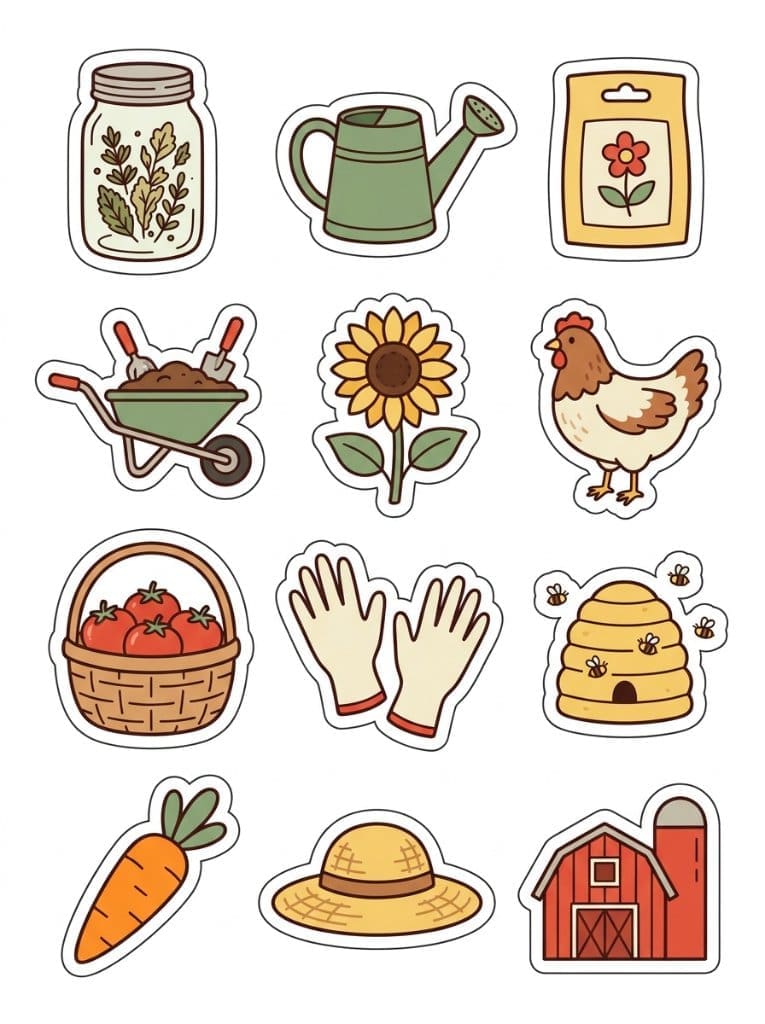 Planner sticker sheet of 12 cute homestead garden stickers including a mason jar, chicken, beehive and red barn