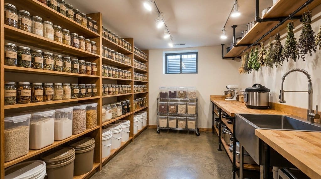 Photorealistic basement prepper pantry with shelves of canned jars, food-grade buckets, clear tubs, a rolling rack of beans and rice and a butcher-block prep counter