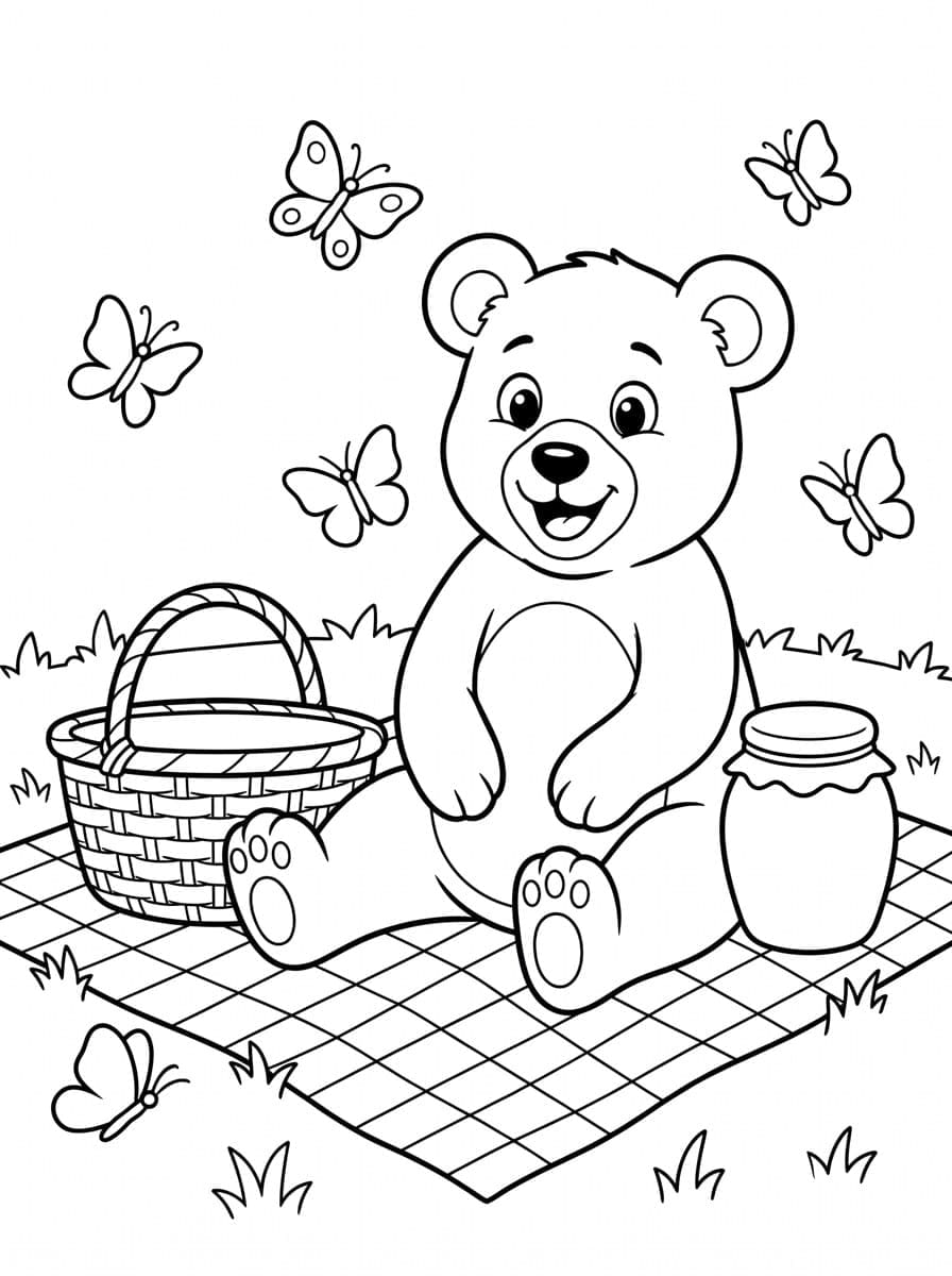 Kids coloring page of a cartoon bear having a picnic with a basket, checkered blanket, honey jar and butterflies in black line art