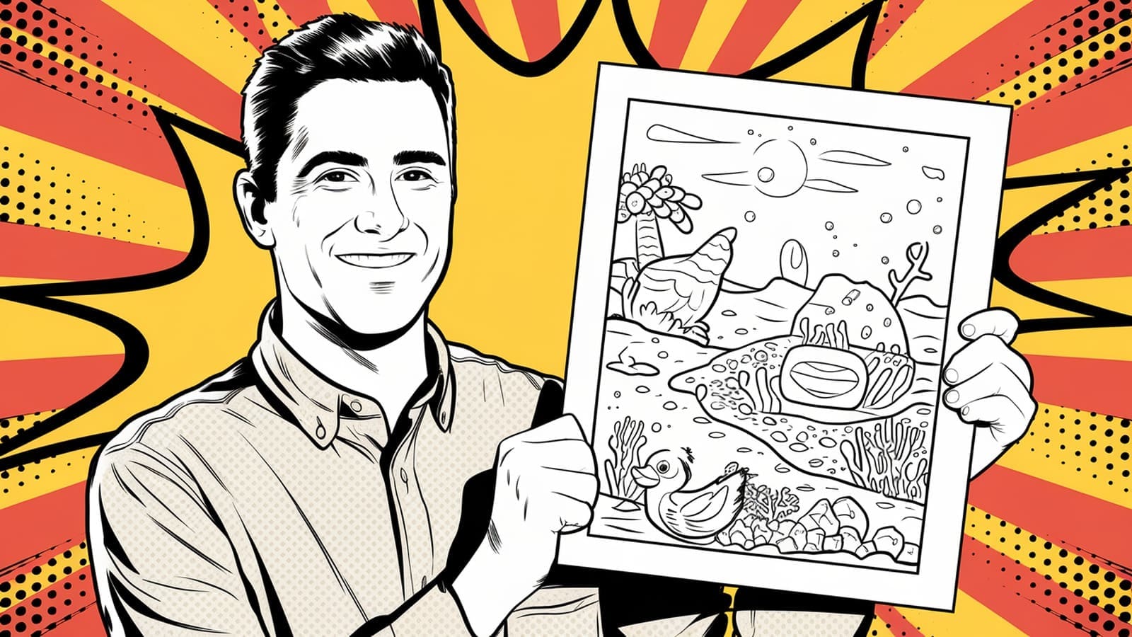 Comic book style illustration of a smiling man holding up a black and white printable kids Find and Color activity page of an underwater shipwreck reef, against a yellow and orange radiant burst background.