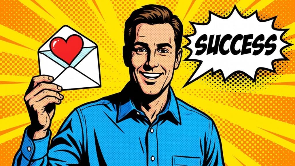 Comic book style man with a SUCCESS speech bubble, featured image for Write A 3-Email Welcome Sequence With One Prompt