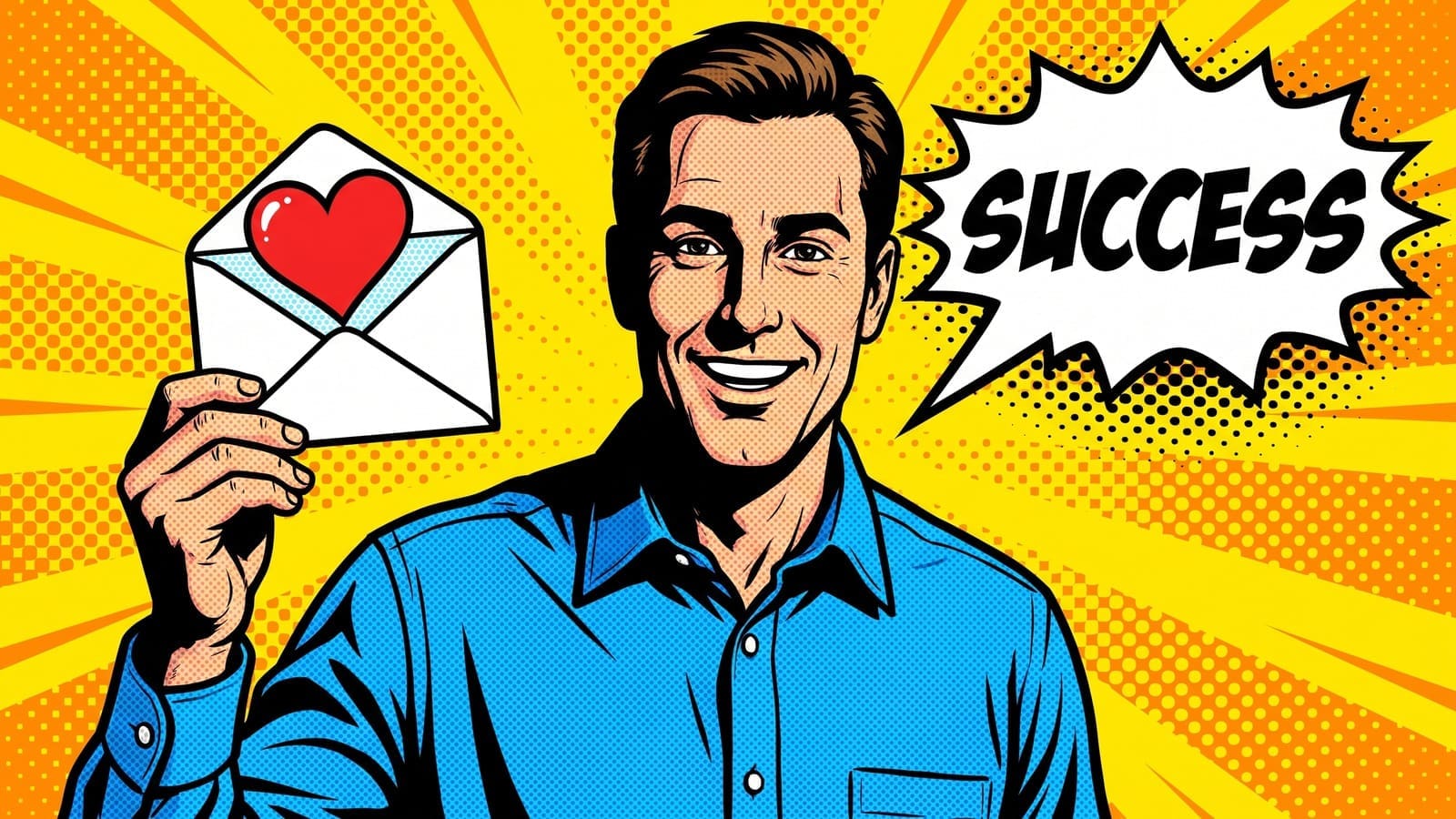 Comic book style man with a SUCCESS speech bubble, featured image for Write A 3-Email Welcome Sequence With One Prompt