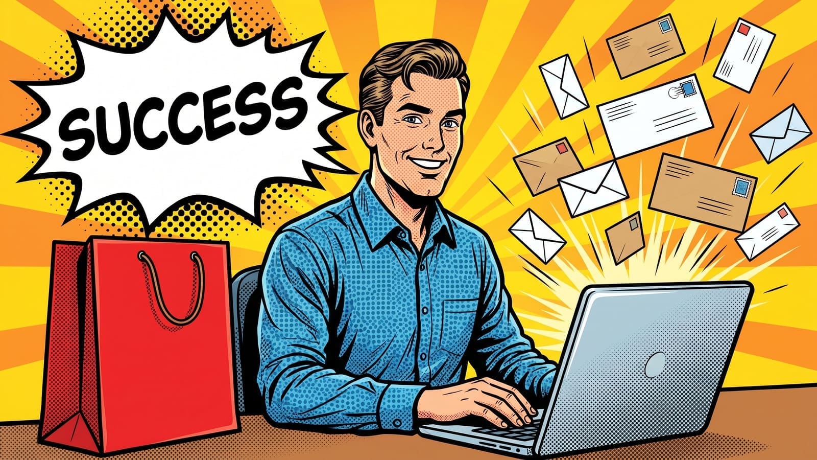 Comic book style man with a SUCCESS speech bubble, featured image for Write Your Black Friday Email Sequence With One Prompt