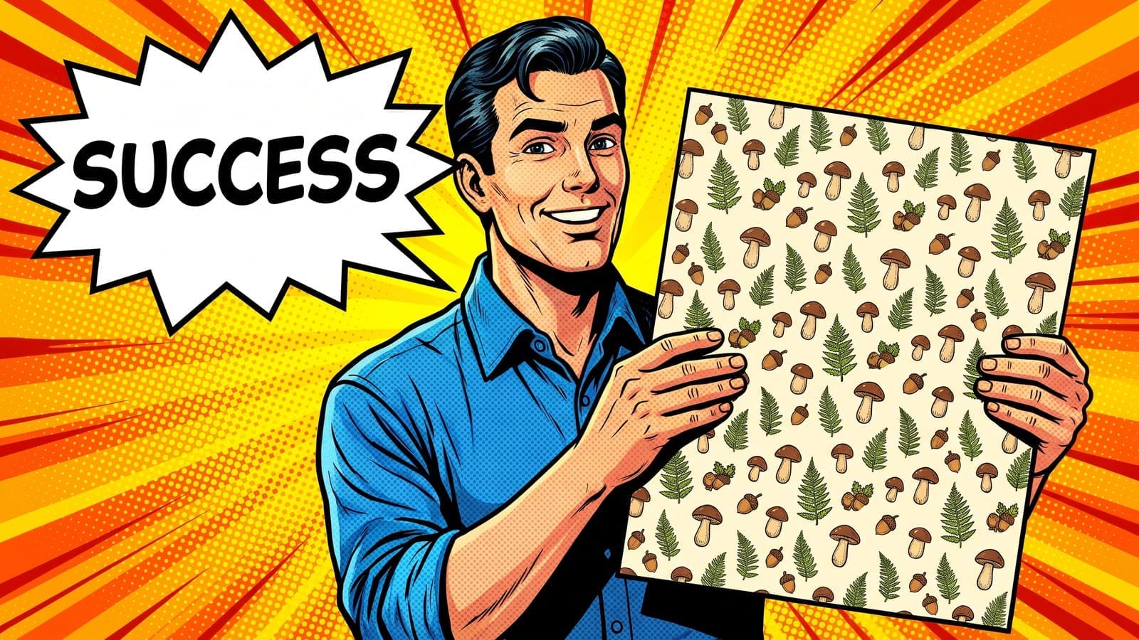 Comic book style man with a SUCCESS speech bubble, featured image for Generate A Seamless Pattern For Digital Paper With One Prompt