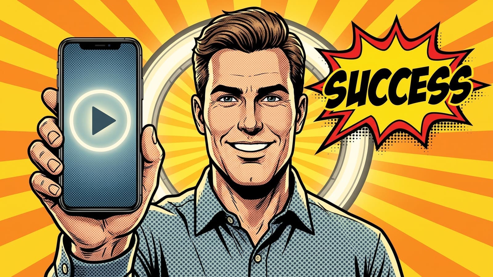 Comic book style man with a SUCCESS speech bubble, featured image for Write A Week Of YouTube Shorts Scripts With One Prompt